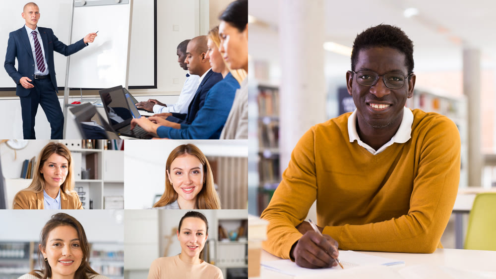 Collage of confident smiling multiethnic group of businesspeople
