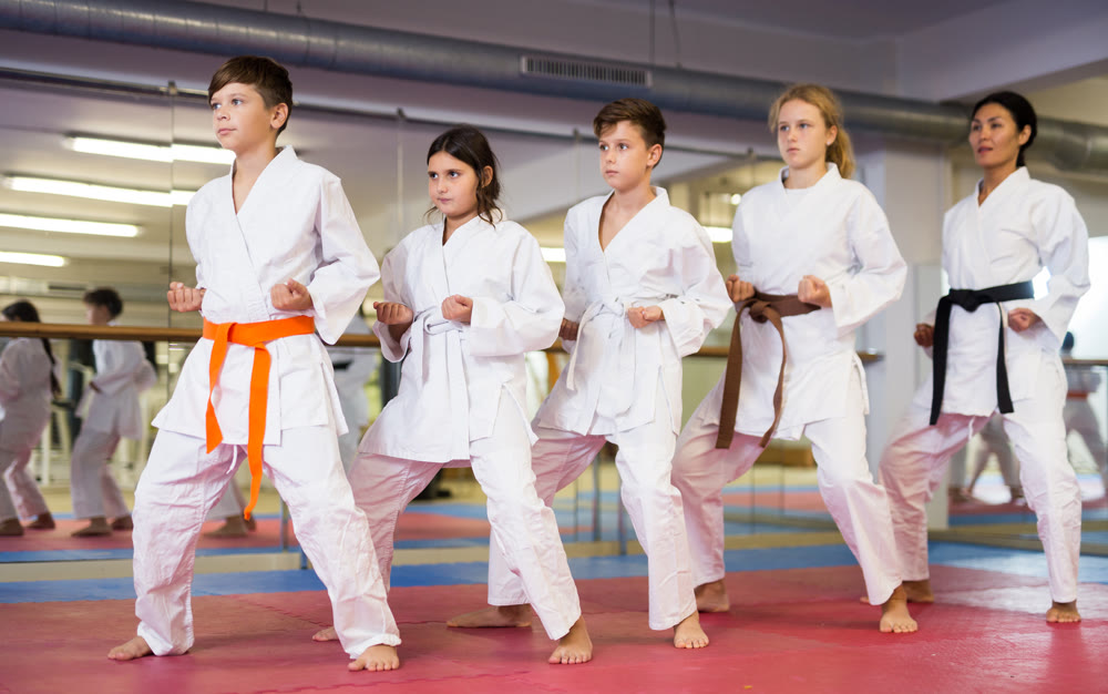 Teenager children wearing karate uniform fighters poses