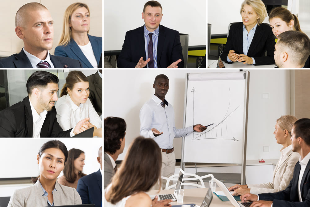 Screen of video call between diverse people managers