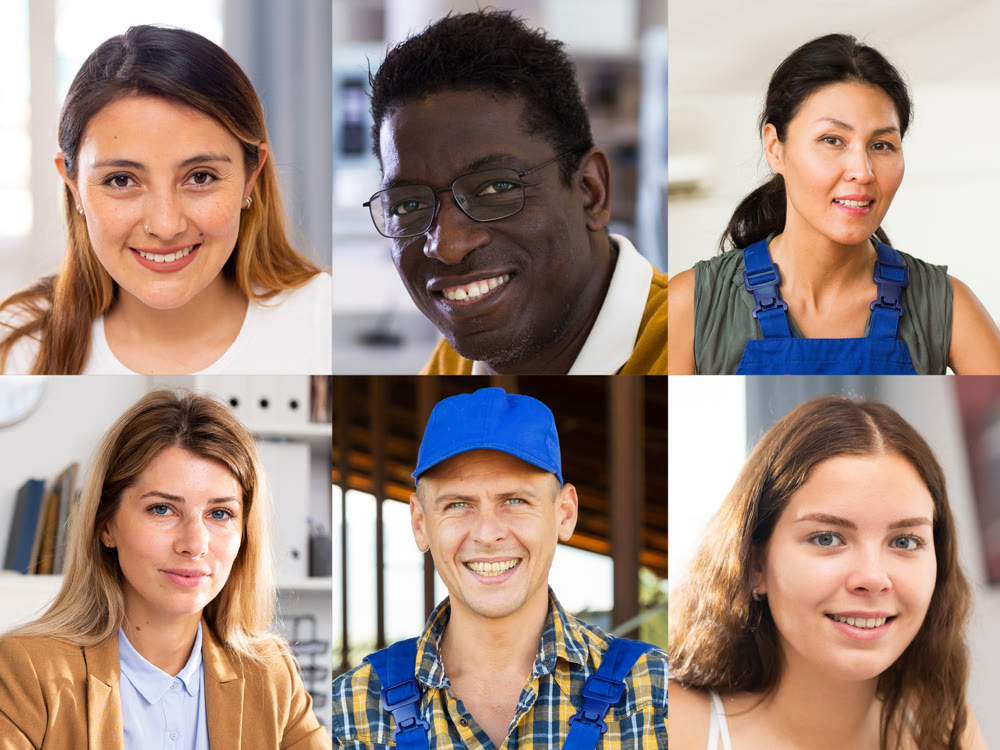 Collage of portraits of positive people of various professions
