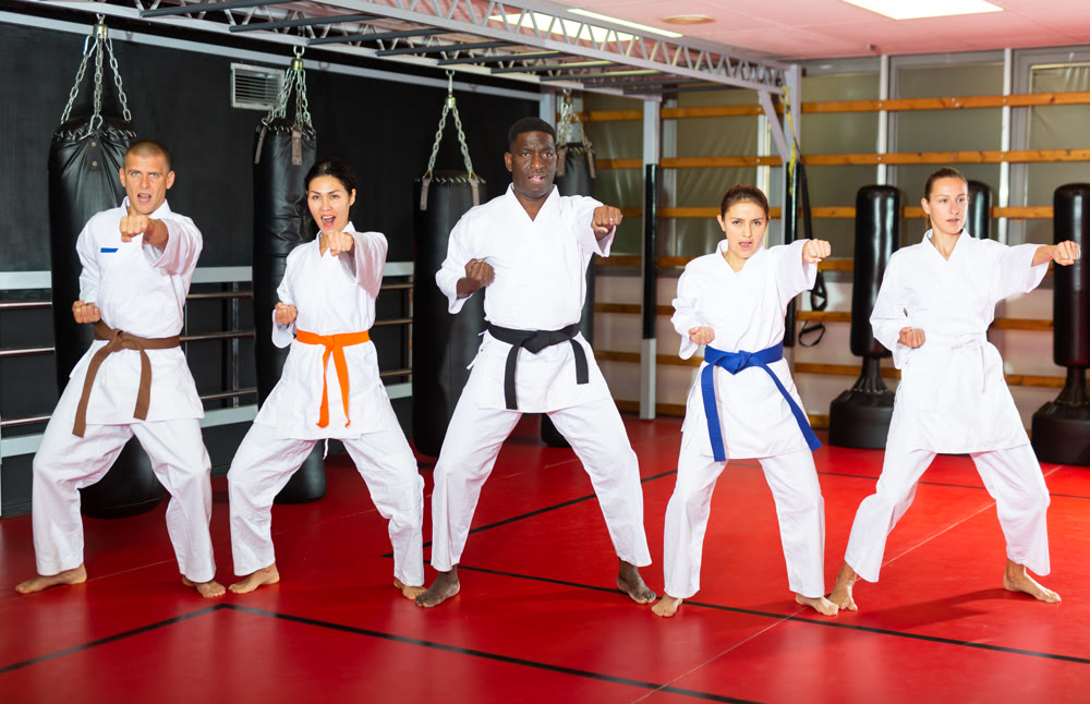 Team of athletes in kimono at karate class in gym