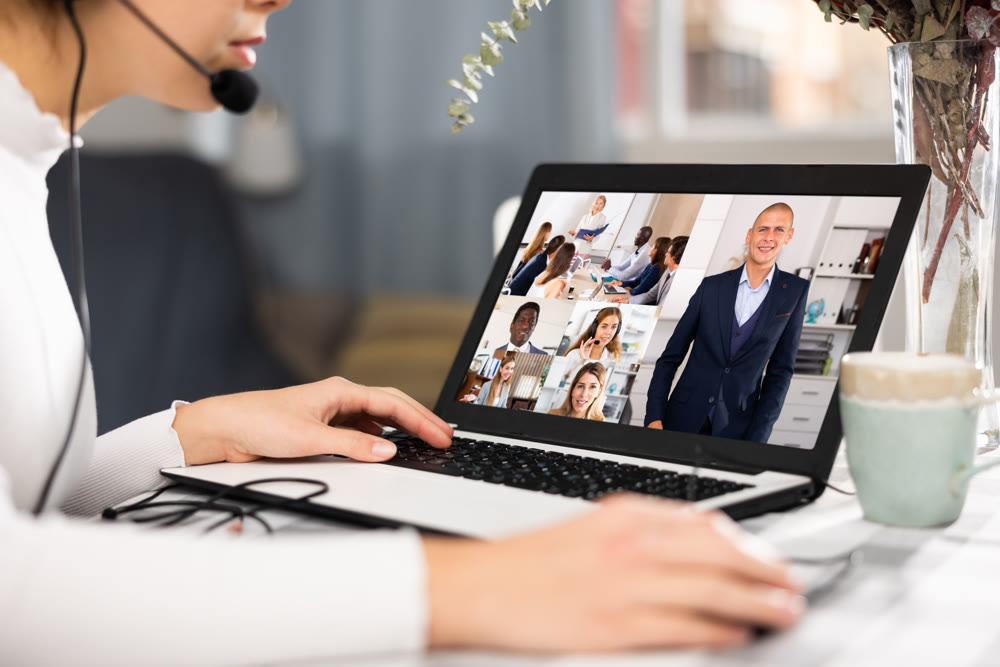 Video conference on laptop, business meeting