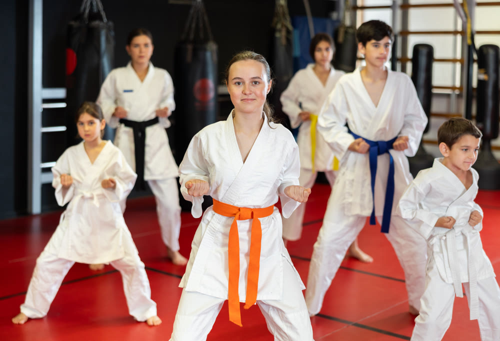 Children students repeat position and perform sequence of punches and painful techniques kata