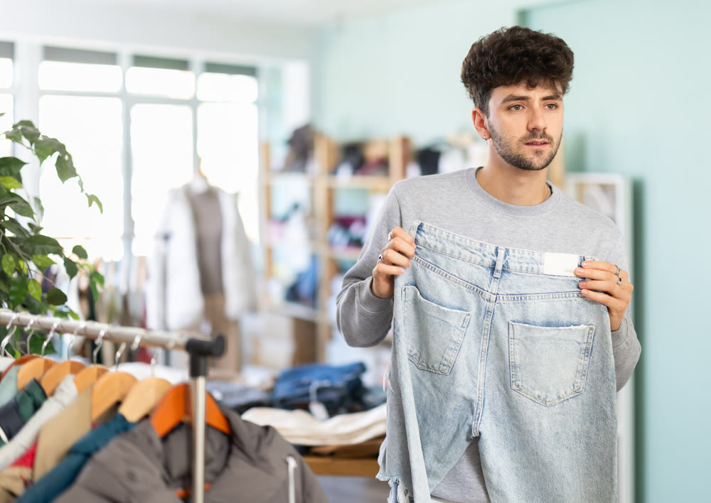 Male shopper chooses fashionable jeans in clothing store