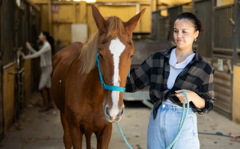 Woman with tethered horse in stable