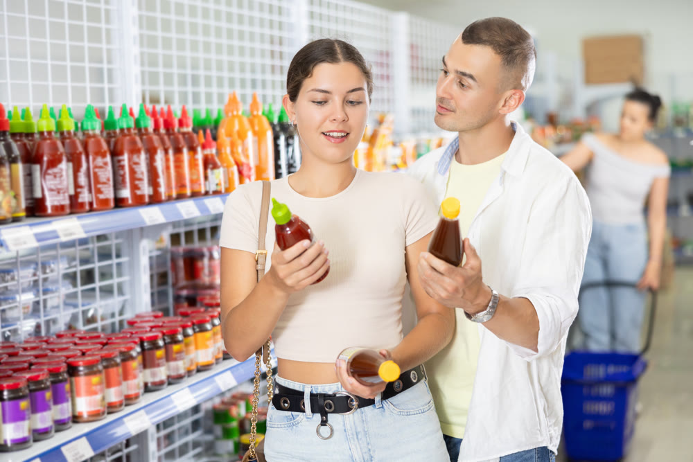 Man and woman couple choosing chili sauce