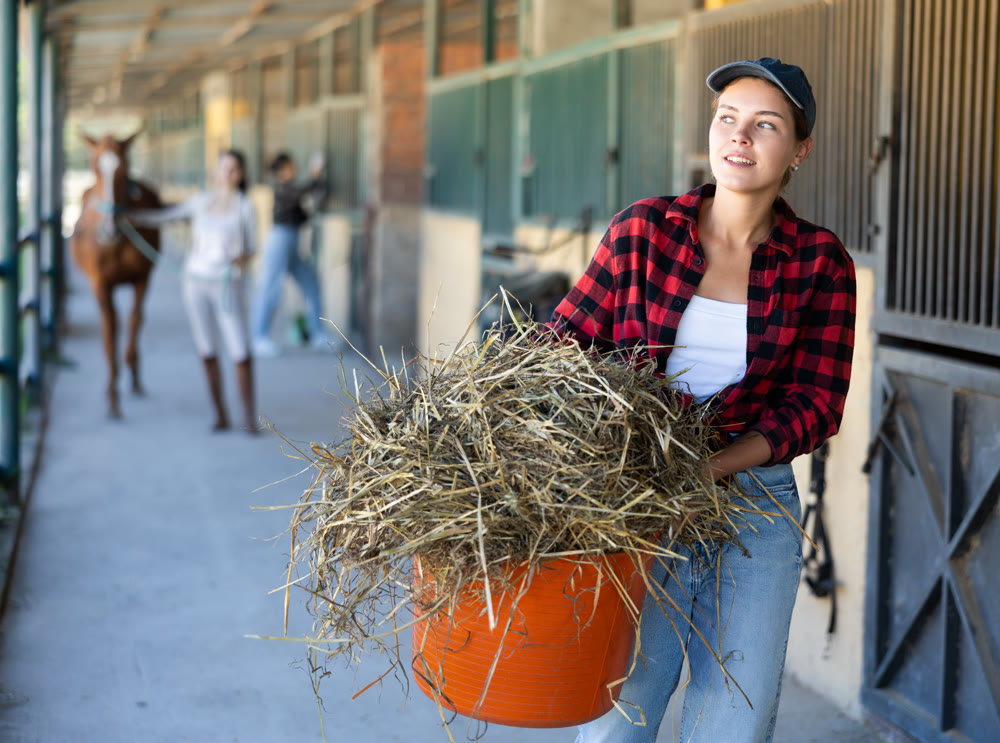 Young woman with hay in bucket