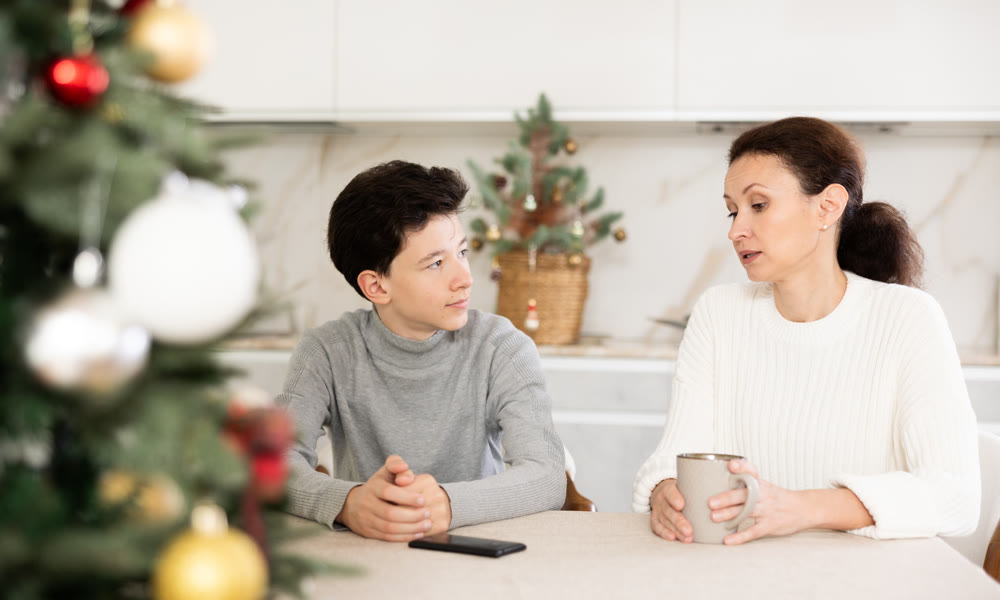 Mother and son discussing something