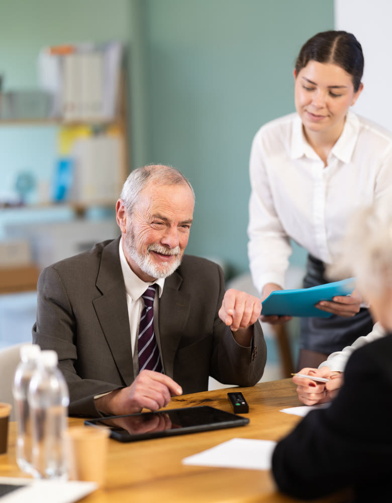 Girl secretary accompanies business negotiations and submit documents