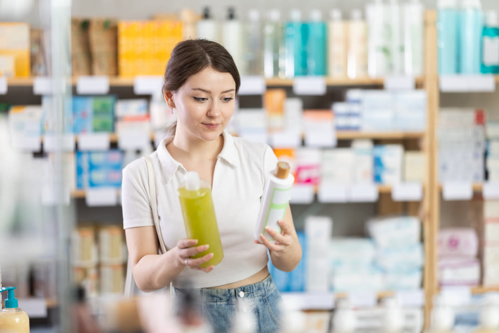 Female shopper in summer clothes chooses medicated shampoo at pharmacy