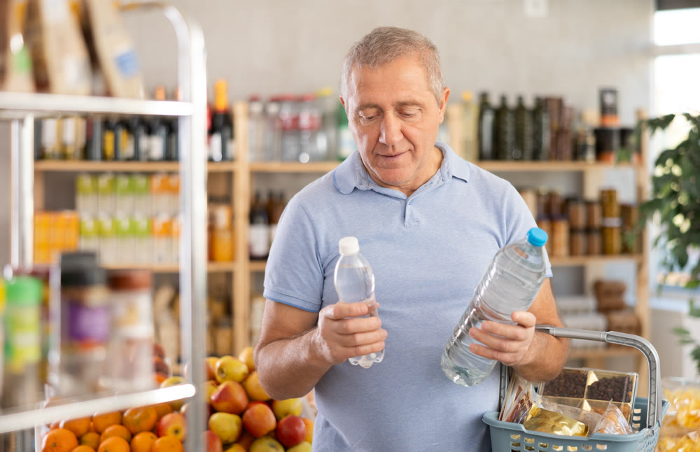 Mature man hold white plastic bottles and choose consider water in store