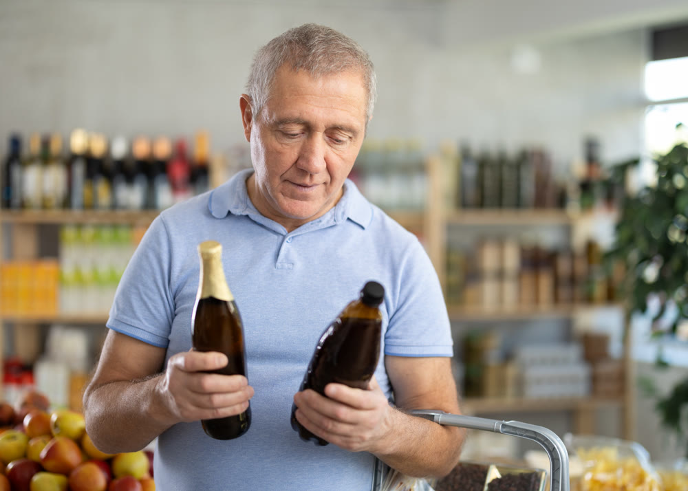 Senior man hold bottle and choose consider beer in store