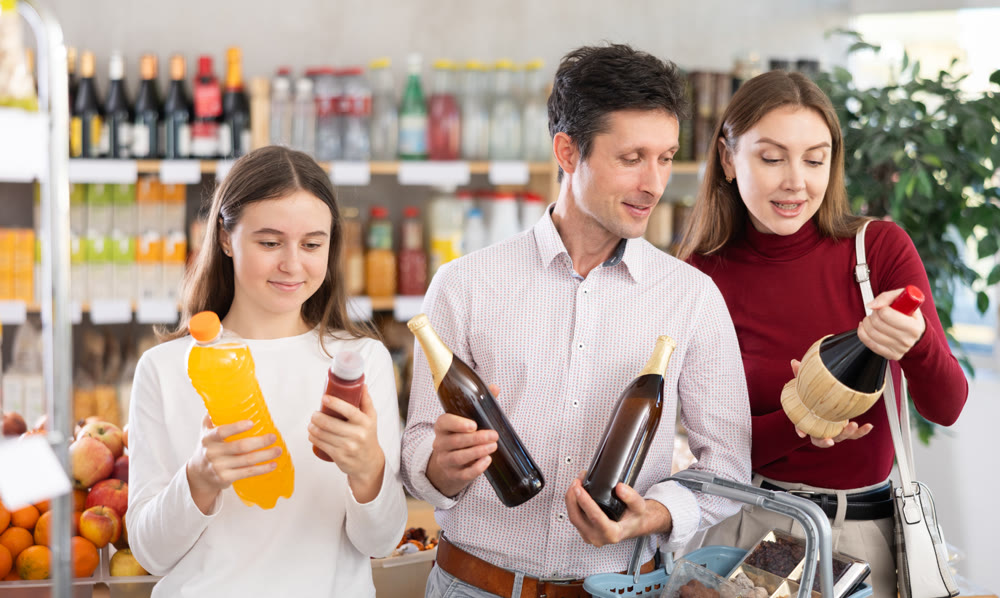 Family with teenage girl choosing soft and alcoholic drinks in grocery