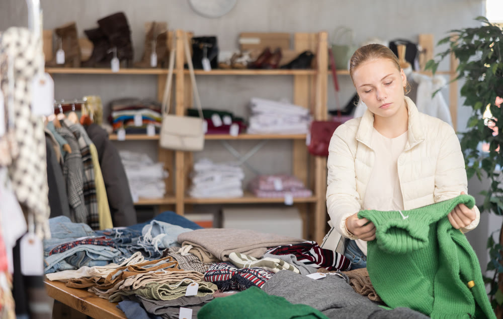 While shopping, teen girl browsing goods items and choose elect warm jumper in store
