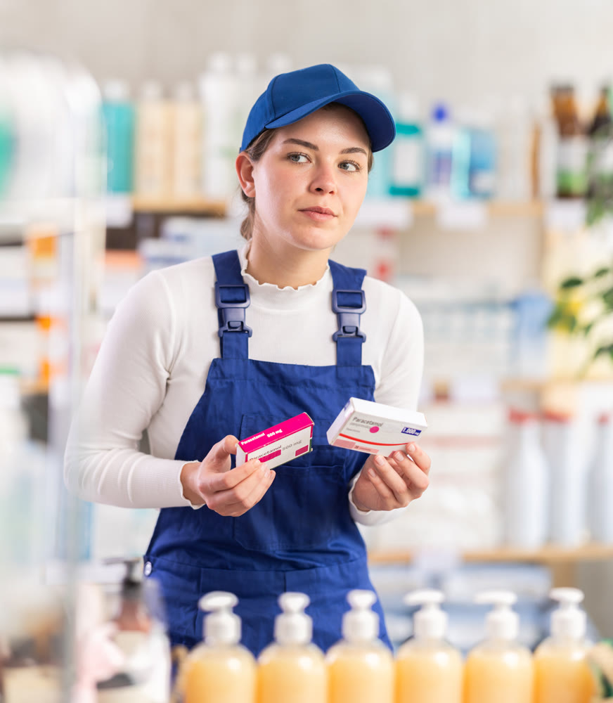 Young woman worker chooses paracetamol at pharmacy