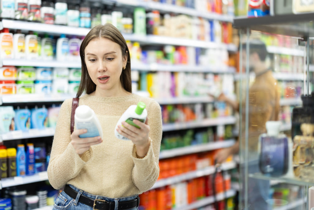 Positive woman buyers chooses shampoo or shower gel in household chemicals store