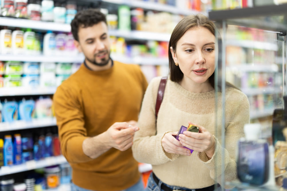 Couple spends time in store, looking for goods and select perfume
