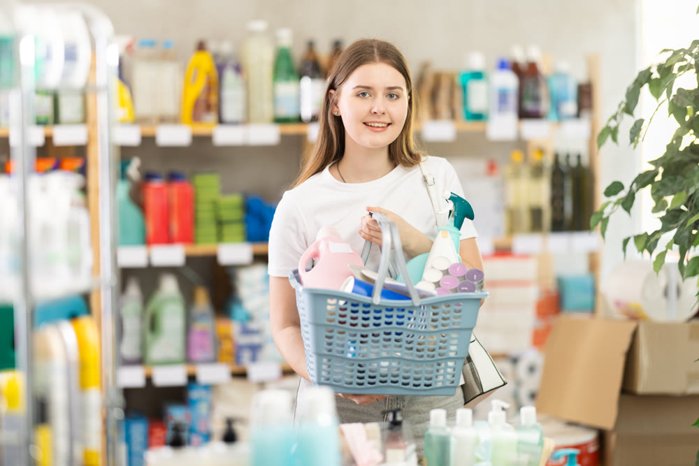 Young girl selects various household cleaning products for cleaning the house with full basket of various purchases