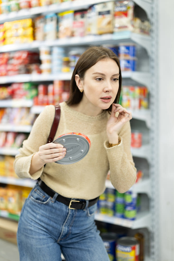 Girl in supermarket search and select product tin can