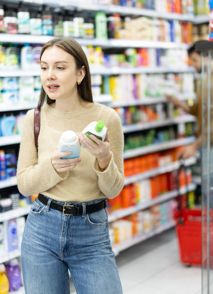 Woman spends time in store, looking for goods and select care product