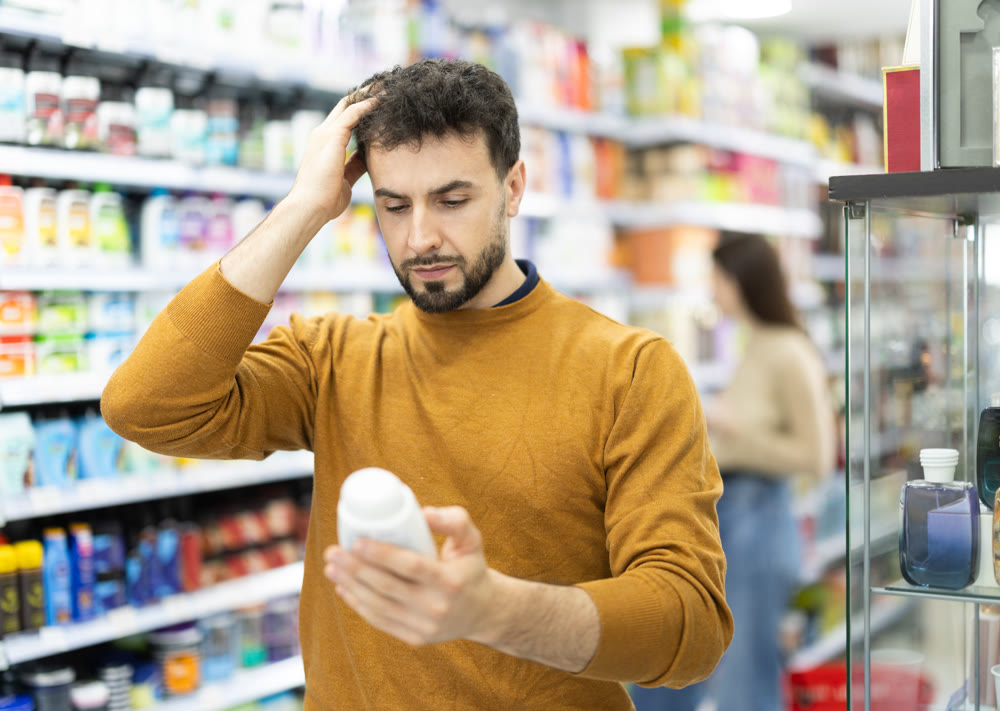Man spends time in store, looking for goods and select care product