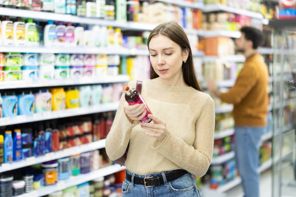 Young woman choosing body and hair care products in supermarket