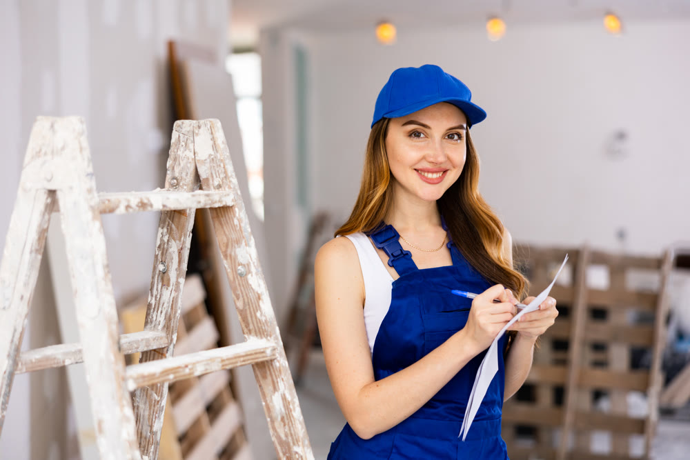 Smiling female builder contractor with papers at construction site