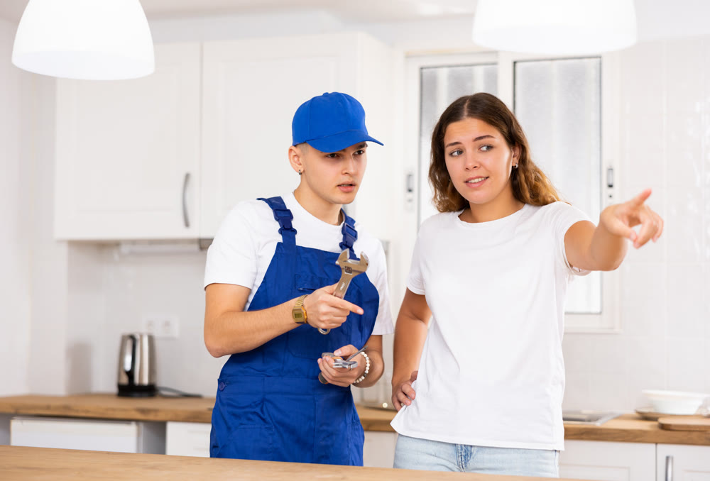 Young landlady explains her problem to a guy plumber