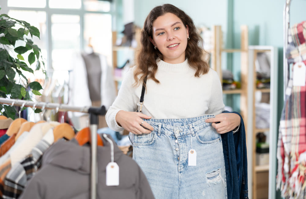Young woman choosing jeans in clothing store