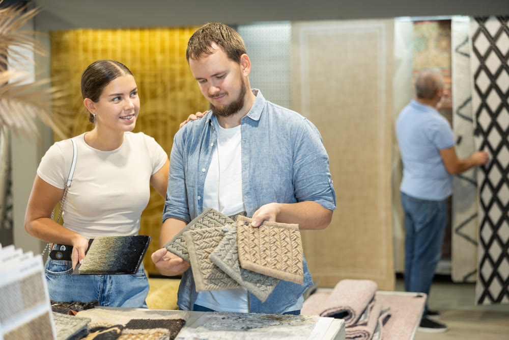Married couple is interested in choosing softest and most beautiful carpet from carpet samples