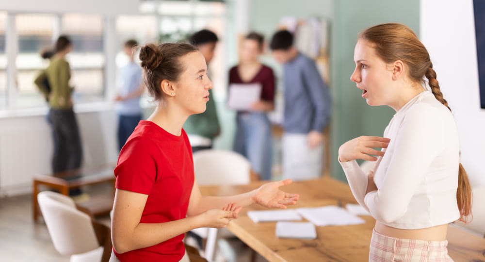 Teenage school team, friendship and communication, noise and uproar at school break