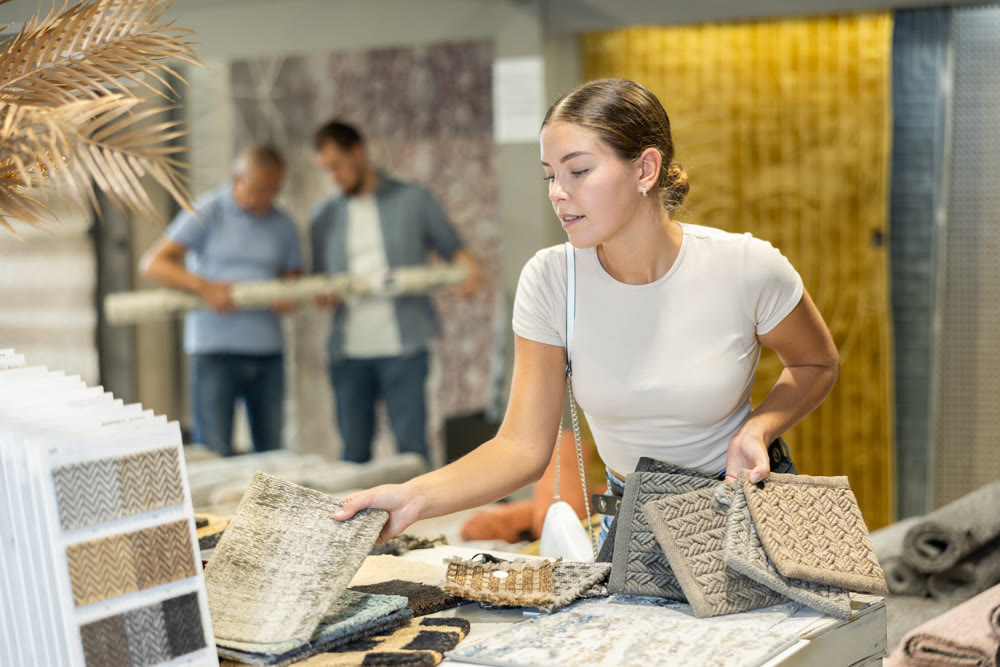 Girl customer looks closely at carpet examples in hardware store
