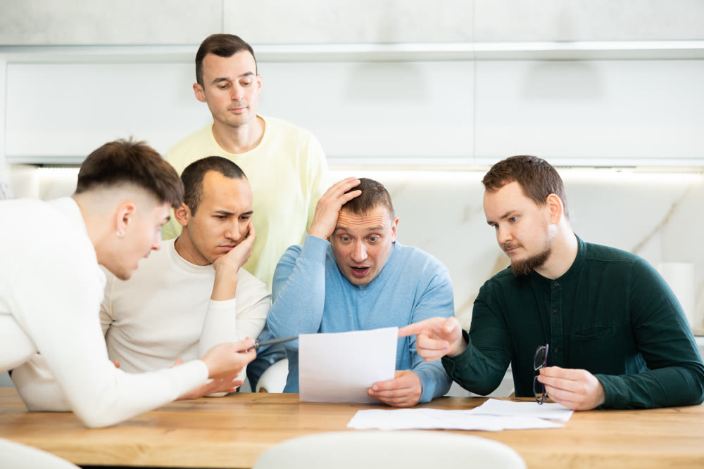 Friends reading financial documents and trying to solve problems together while sitting at table in their kitchen