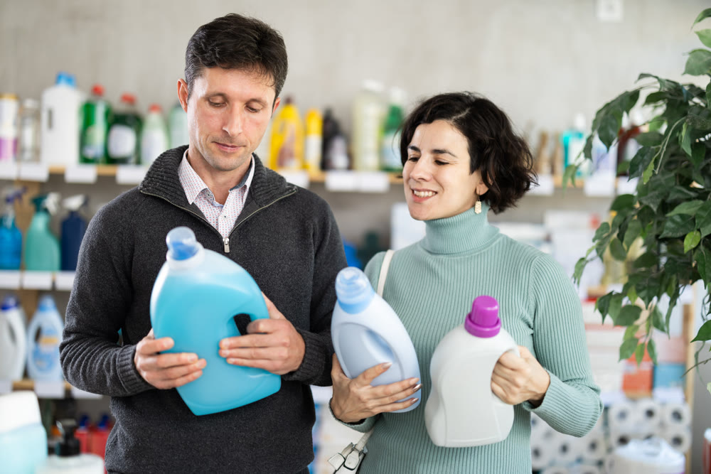 Among shop windows, married couple buyer leisurely examines goods and chooses laundry conditioner