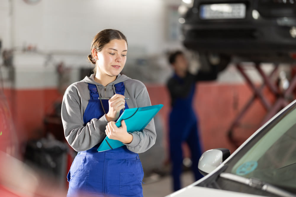 Repair auto mechanic workshop girl staff.