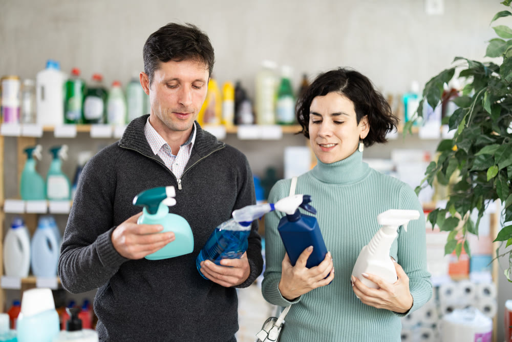 Married couple chooses spray glass cleaner in supermarket