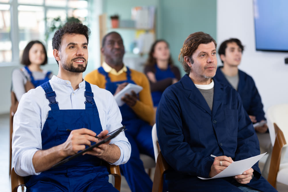 Young man worker listening to lecture and taking notes on tablet