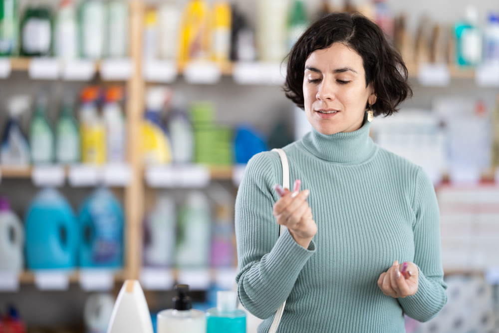 Middle-aged woman choosing lipsticks in retail store