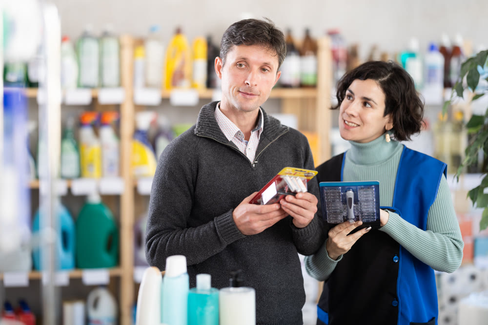 Woman seller offers razor to adult man buyer