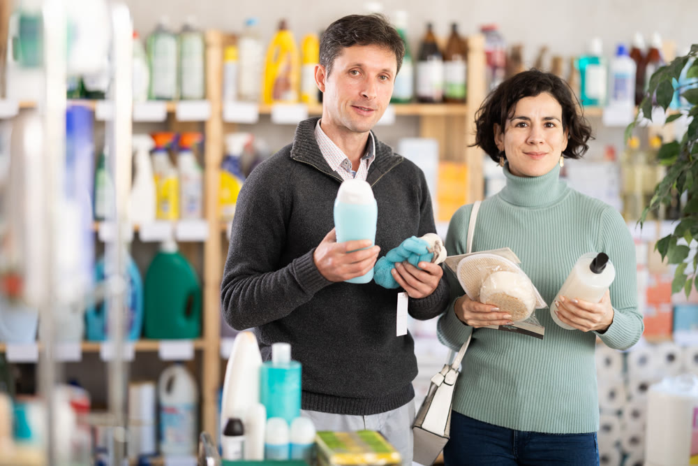 Among shop windows, couple buyer leisurely examines goods and chooses liquid hand soap