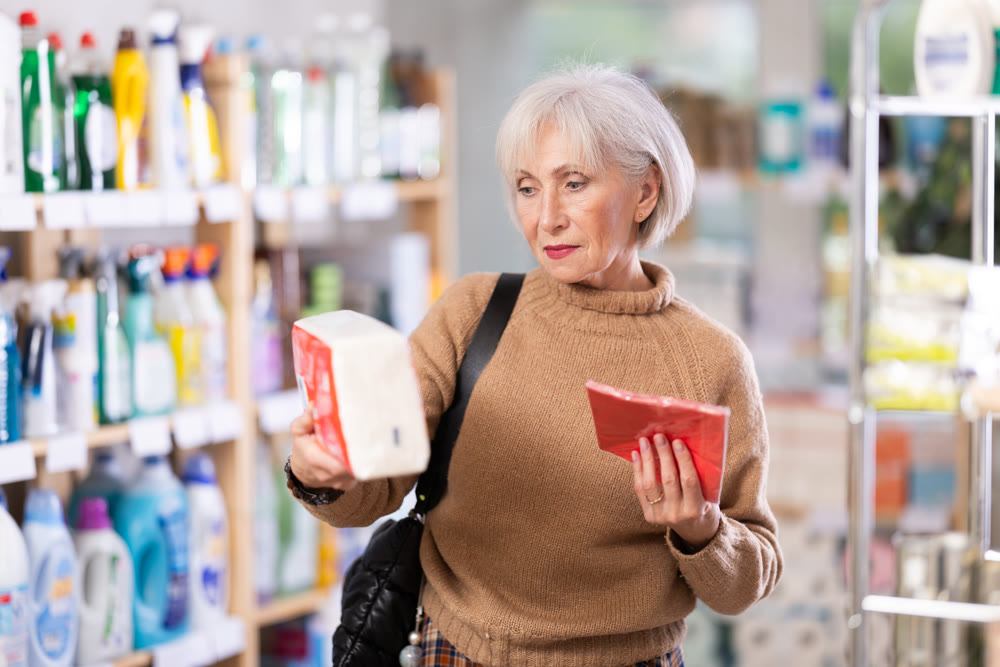 Female shopper selects soft napkins for a holiday table at supermarket