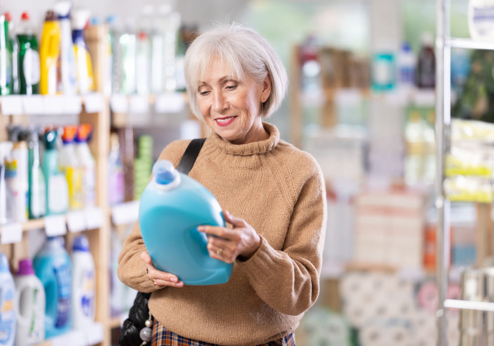 Mature positive woman consumer with household chemical products for washing indoors