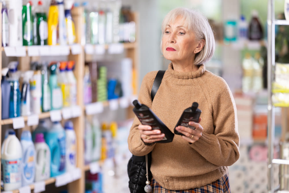 Choosing hair shampoo in supermarket - mature woman making choice