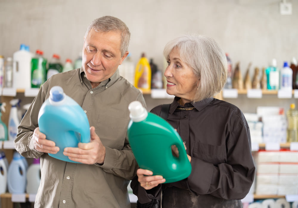 Senior spouses select and studies label liquid detergent