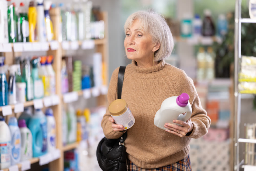 woman chooses cleaning products and rinse aid in the store