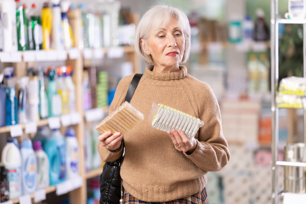 Elderly woman chooses clothespins - wooden or plastic, in hardware store