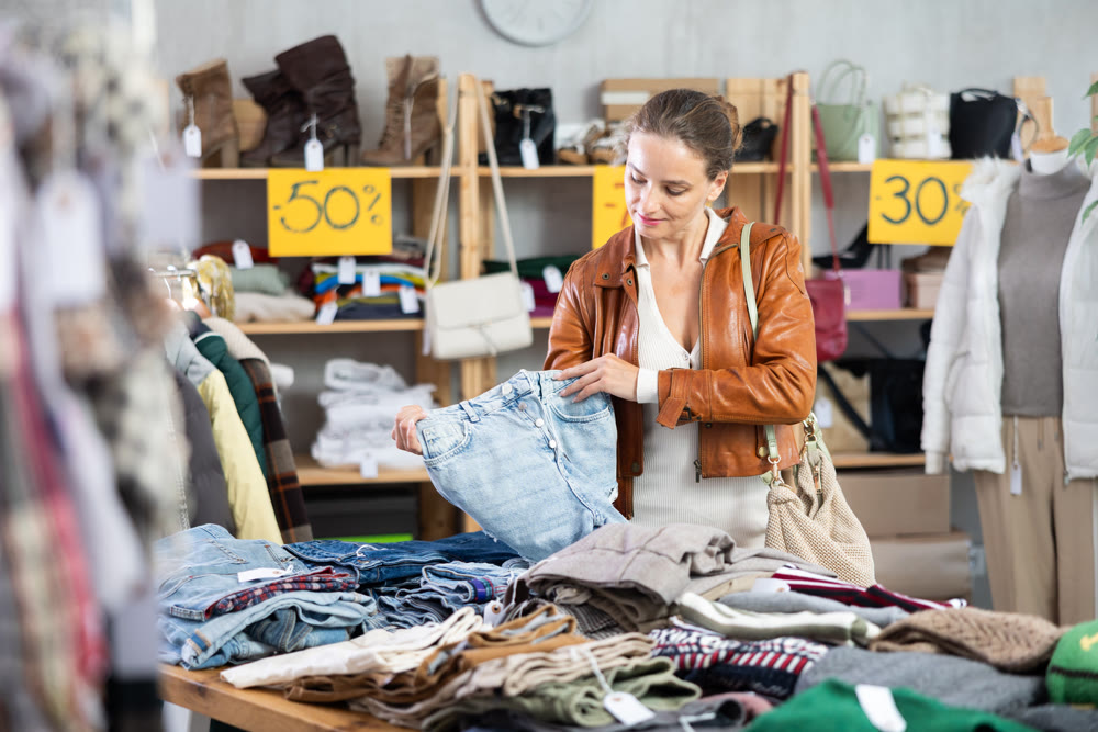 Young woman choosing jeans in clothing store