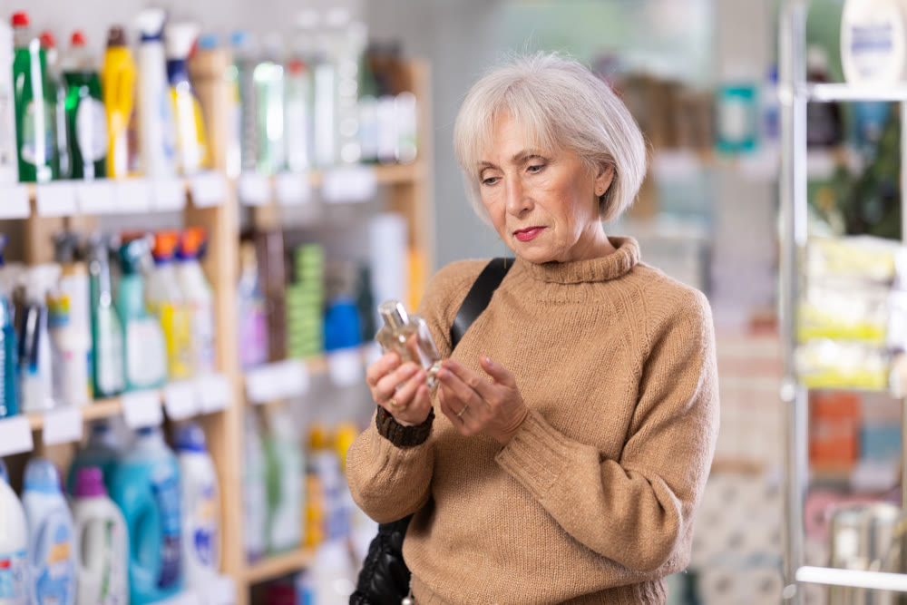 Elderly housewife chooses perfume or aromatic incense in supermarket