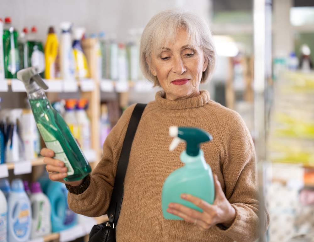 Elderly woman choosing spray in store
