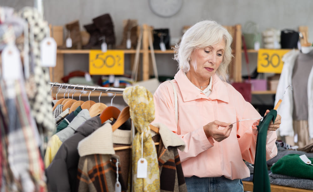pensioner woman chooses a warm knitted dress